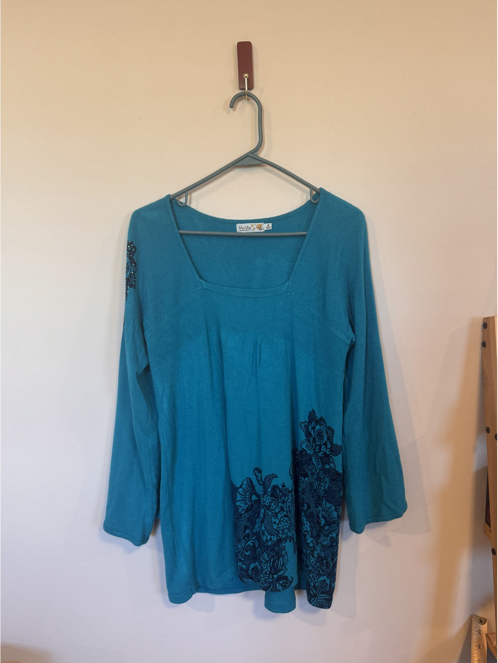 Unity World Wear Teal Boho Knit Tunic Top Floral Embroidery Long Sleeve Size S